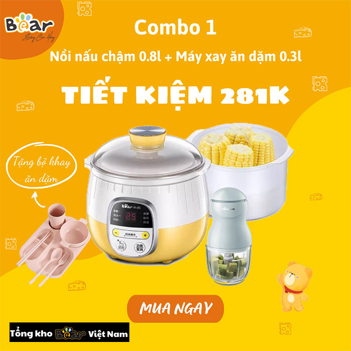 Combo 1: Nồi nấu chậm 0.8L + Máy xay ăn dặm 0.3L